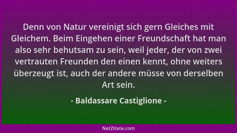 Baldassare Castiglione - Denn von Natur vereinigt sich gern Gleiches mit Gleichem. Beim Eingehen einer Freundschaft hat man...