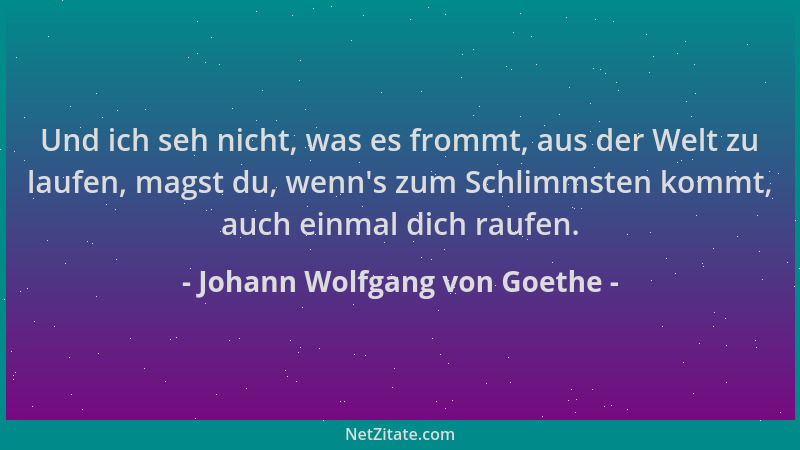Johann Wolfgang von Goethe - Und ich seh nicht, was es frommt, aus der Welt zu laufen, magst du, wenn 's zum Schlimmsten kom...