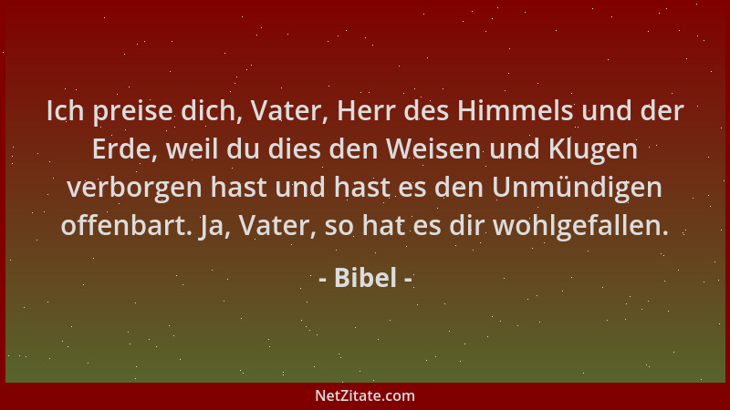 Bibel - Ich preise dich, Vater, Herr des Himmels und der Erde, weil du dies den Weisen und Klugen verborgen hast und hast e...