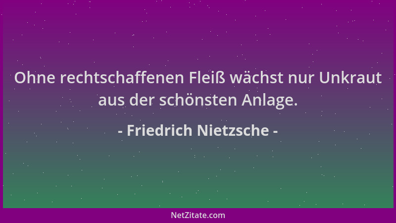 Friedrich Nietzsche - Ohne rechtschaffenen Fleiß wächst nur Unkraut aus der schönsten Anlage....