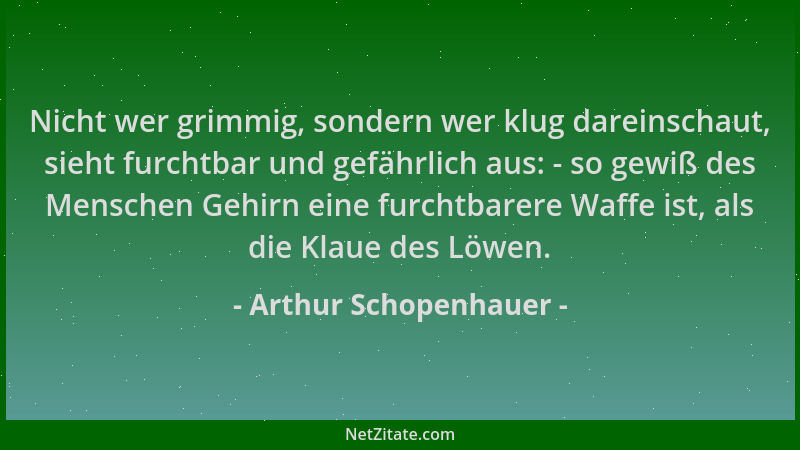 Arthur Schopenhauer - Nicht wer grimmig, sondern wer klug dareinschaut, sieht furchtbar und gefährlich aus: - so gewiß des...