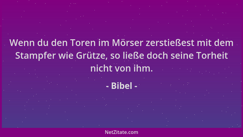 Bibel - Wenn du den Toren im Mörser zerstießest mit dem Stampfer wie Grütze, so ließe doch seine Torheit nicht von ihm....