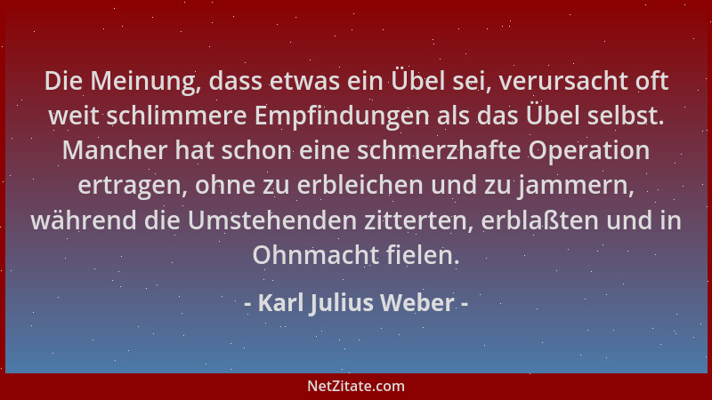 Karl Julius Weber - Die Meinung, dass etwas ein Übel sei, verursacht oft weit schlimmere Empfindungen als das Übel selbst....