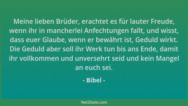 Bibel - Meine lieben Brüder, erachtet es für lauter Freude, wenn ihr in mancherlei Anfechtungen fallt, und wisst, dass euer...
