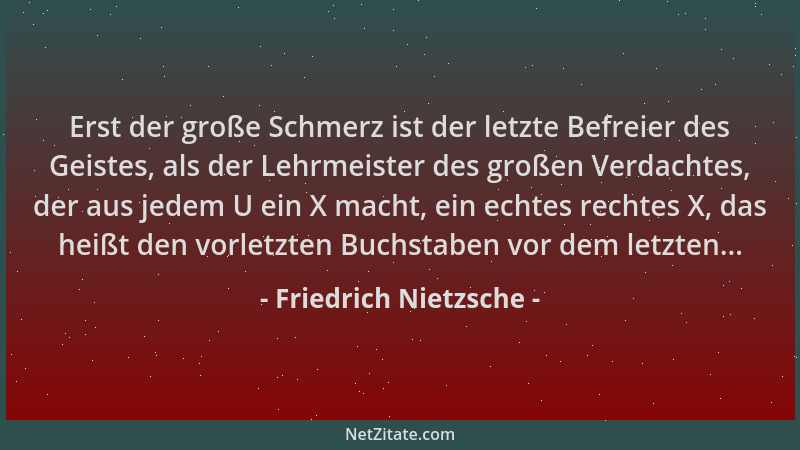 Friedrich Nietzsche - Erst der große Schmerz ist der letzte Befreier des Geistes, als der Lehrmeister des großen Verdachtes...