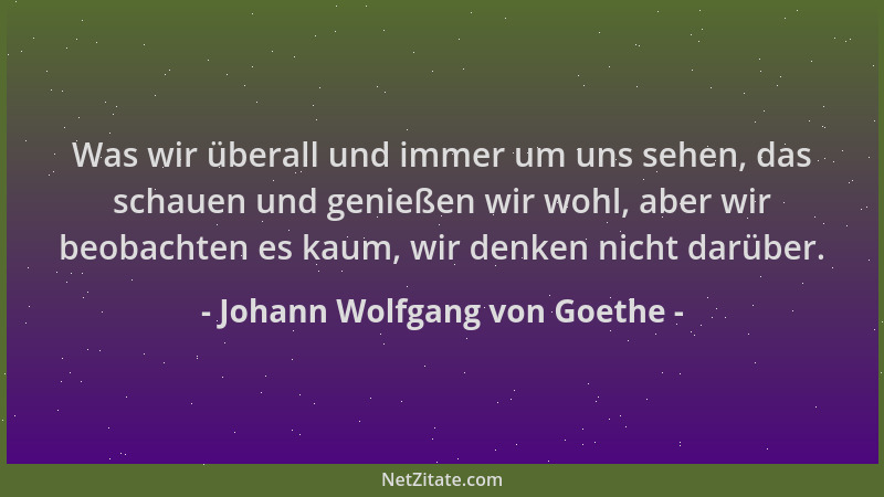 Johann Wolfgang von Goethe - Was wir überall und immer um uns sehen, das schauen und genießen wir wohl, aber wir beobachten...
