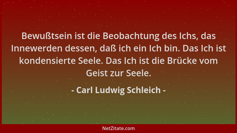 Carl Ludwig Schleich - Bewußtsein ist die Beobachtung des Ichs, das Innewerden dessen, daß ich ein Ich bin. Das Ich ist kon...
