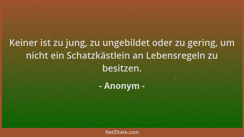 Anonym - Keiner ist zu jung, zu ungebildet oder zu gering, um nicht ein Schatzkästlein an Lebensregeln zu besitzen....