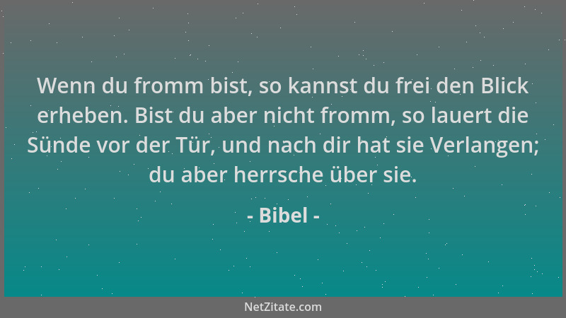 Bibel - Wenn du fromm bist, so kannst du frei den Blick erheben. Bist du aber nicht fromm, so lauert die Sünde vor der Tür,...