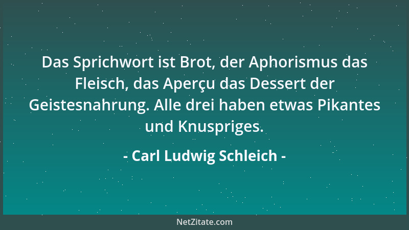 Carl Ludwig Schleich - Das Sprichwort ist Brot, der Aphorismus das Fleisch, das Aperçu das Dessert der Geistesnahrung. Alle...