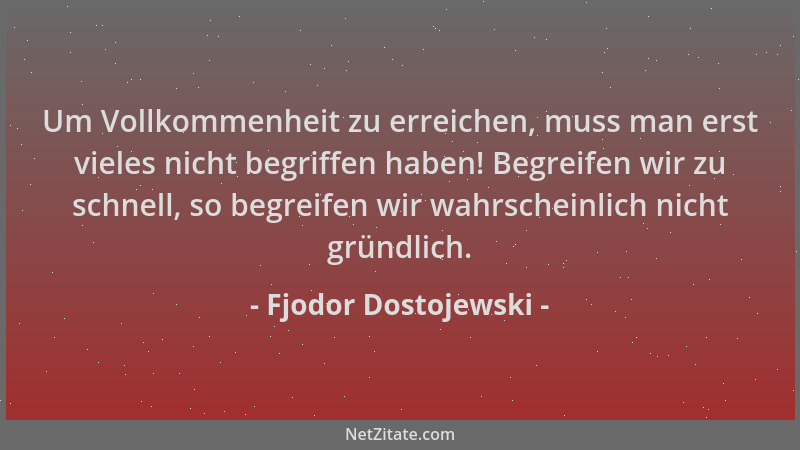 Fjodor Dostojewski - Um Vollkommenheit zu erreichen, muss man erst vieles nicht begriffen haben! Begreifen wir zu schnell,...