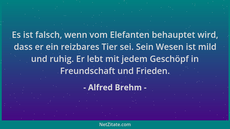 Alfred Brehm - Es ist falsch, wenn vom Elefanten behauptet wird, dass er ein reizbares Tier sei. Sein Wesen ist mild und ru...