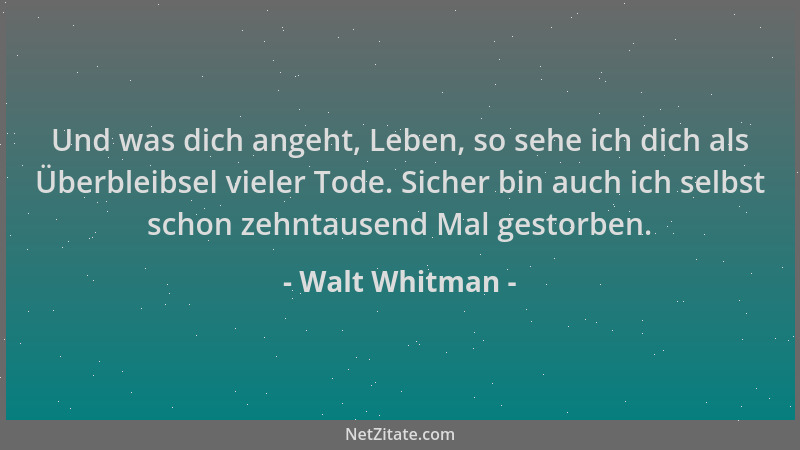 Walt Whitman - Und was dich angeht, Leben, so sehe ich dich als Überbleibsel vieler Tode. Sicher bin auch ich selbst schon...