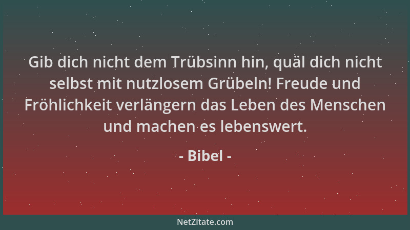 Bibel - Gib dich nicht dem Trübsinn hin, quäl dich nicht selbst mit nutzlosem Grübeln! Freude und Fröhlichkeit verlängern d...