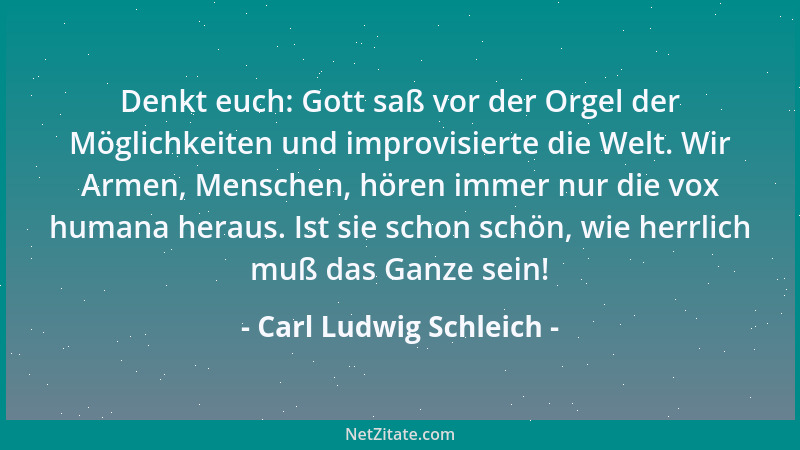 Carl Ludwig Schleich - Denkt euch: Gott saß vor der Orgel der Möglichkeiten und improvisierte die Welt. Wir Armen, Menschen...