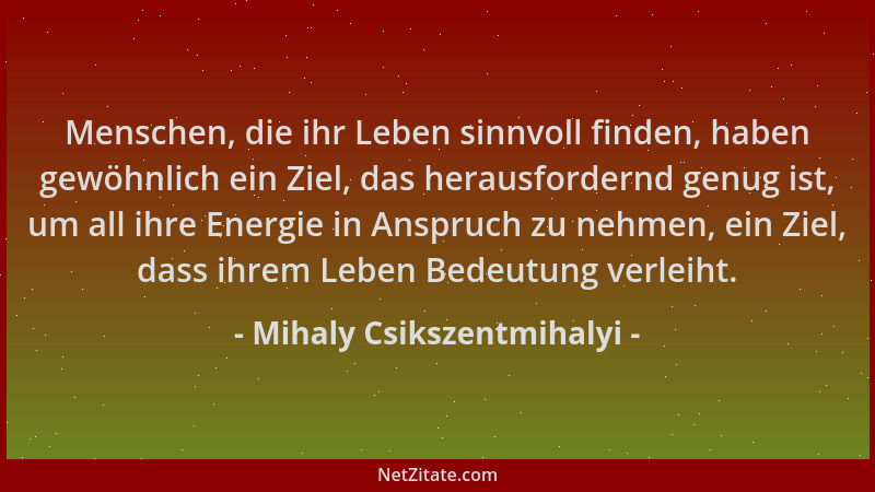 Mihaly Csikszentmihalyi - Menschen, die ihr Leben sinnvoll finden, haben gewöhnlich ein Ziel, das herausfordernd genug ist,...