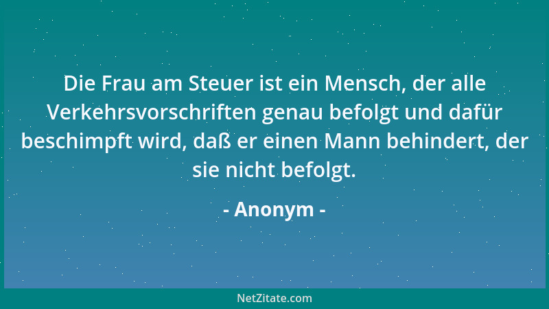 Anonym - Die Frau am Steuer ist ein Mensch, der alle Verkehrsvorschriften genau befolgt und dafür beschimpft wird, daß er e...