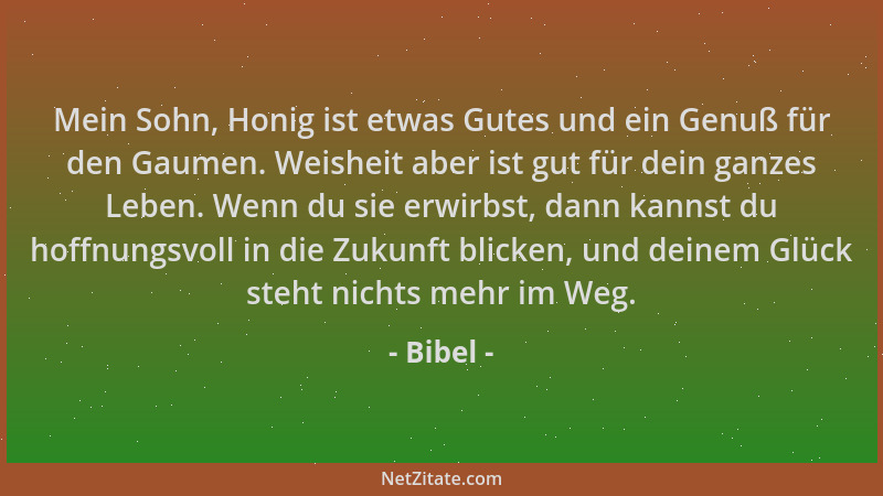 Bibel - Mein Sohn, Honig ist etwas Gutes und ein Genuß für den Gaumen. Weisheit aber ist gut für dein ganzes Leben. Wenn du...