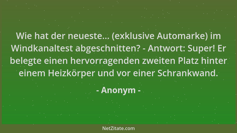 Anonym - Wie hat der neueste... (exklusive Automarke) im Windkanaltest abgeschnitten? - Antwort: Super! Er belegte einen he...