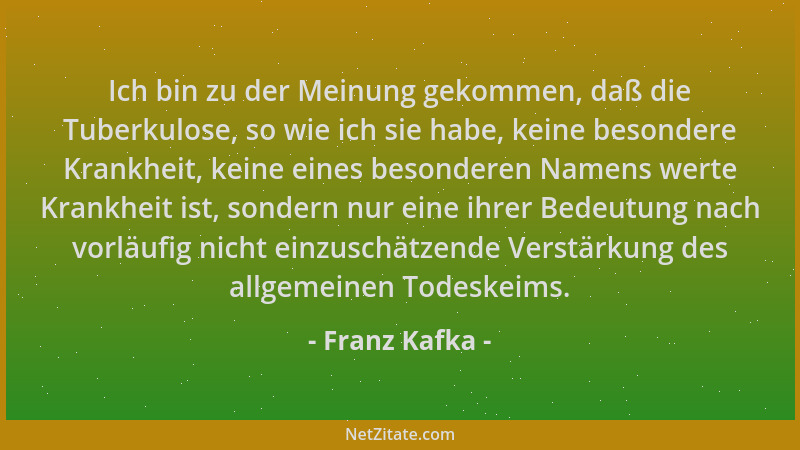 Franz Kafka - Ich bin zu der Meinung gekommen, daß die Tuberkulose, so wie ich sie habe, keine besondere Krankheit, keine e...