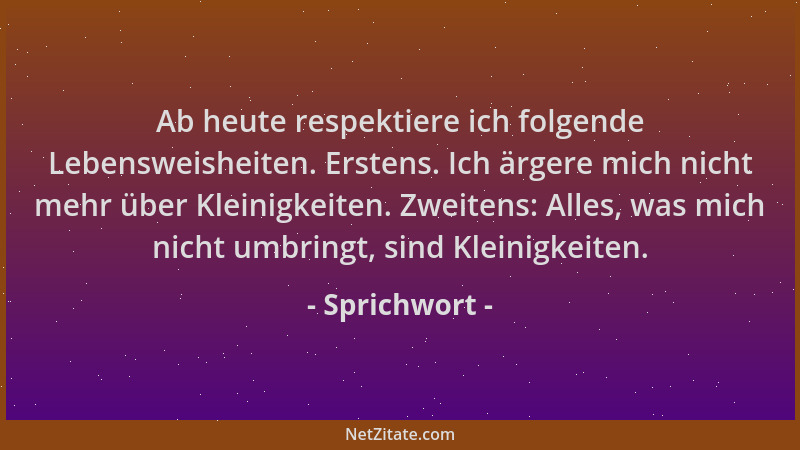 Sprichwort - Ab heute respektiere ich folgende Lebensweisheiten. Erstens. Ich ärgere mich nicht mehr über Kleinigkeiten. Zw...