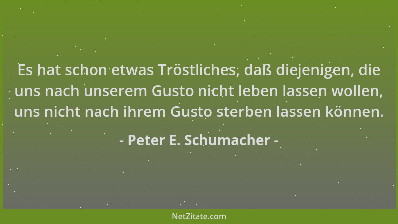 Peter E. Schumacher - Es hat schon etwas Tröstliches, daß diejenigen, die uns nach unserem Gusto nicht leben lassen wollen,...