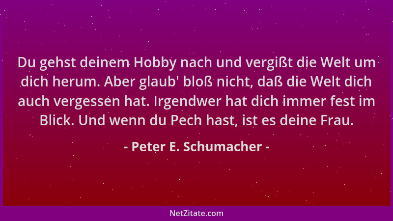 Peter E. Schumacher - Du gehst deinem Hobby nach und vergißt die Welt um dich herum. Aber glaub ' bloß nicht, daß die Welt d...