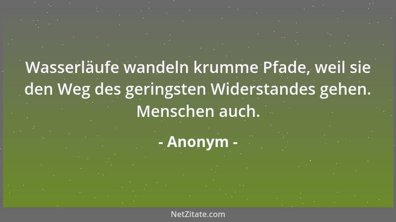 Anonym - Wasserläufe wandeln krumme Pfade, weil sie den Weg des geringsten Widerstandes gehen. Menschen auch....