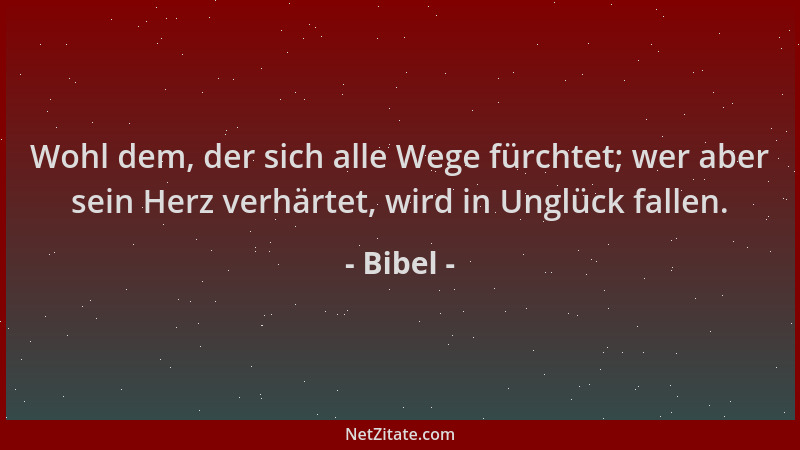 Bibel - Wohl dem, der sich alle Wege fürchtet; wer aber sein Herz verhärtet, wird in Unglück fallen....