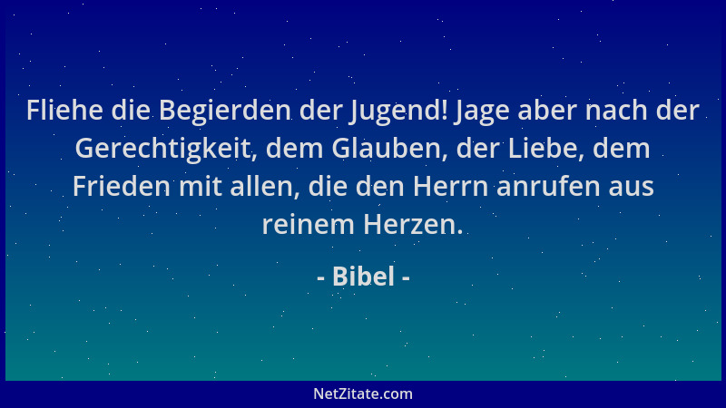 Bibel - Fliehe die Begierden der Jugend! Jage aber nach der Gerechtigkeit, dem Glauben, der Liebe, dem Frieden mit allen, d...