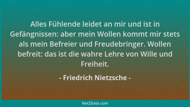 Friedrich Nietzsche - Alles Fühlende leidet an mir und ist in Gefängnissen: aber mein Wollen kommt mir stets als mein Befre...