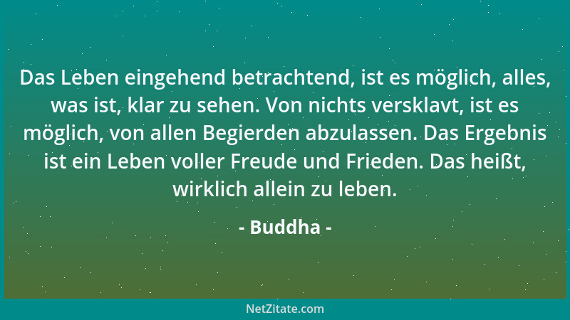 Buddha - Das Leben eingehend betrachtend, ist es möglich, alles, was ist, klar zu sehen. Von nichts versklavt, ist es mögli...