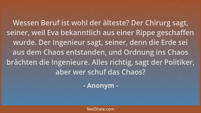 Anonym - Wessen Beruf ist wohl der älteste? Der Chirurg sagt, seiner, weil Eva bekanntlich aus einer Rippe geschaffen wurde...
