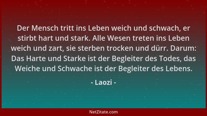 Laozi - Der Mensch tritt ins Leben weich und schwach, er stirbt hart und stark. Alle Wesen treten ins Leben weich und zart,...