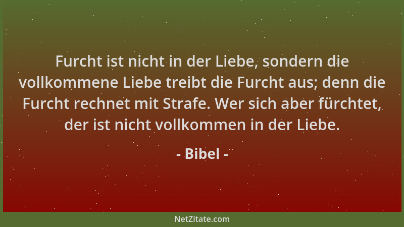 Bibel - Furcht ist nicht in der Liebe, sondern die vollkommene Liebe treibt die Furcht aus; denn die Furcht rechnet mit Str...