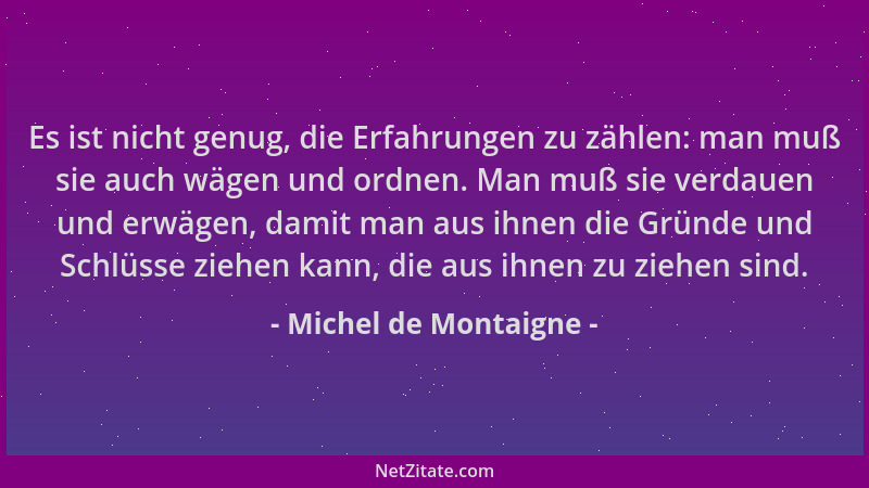 Michel de Montaigne - Es ist nicht genug, die Erfahrungen zu zählen: man muß sie auch wägen und ordnen. Man muß sie verdaue...