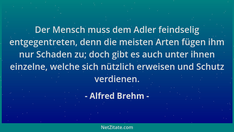 Alfred Brehm - Der Mensch muss dem Adler feindselig entgegentreten, denn die meisten Arten fügen ihm nur Schaden zu; doch g...