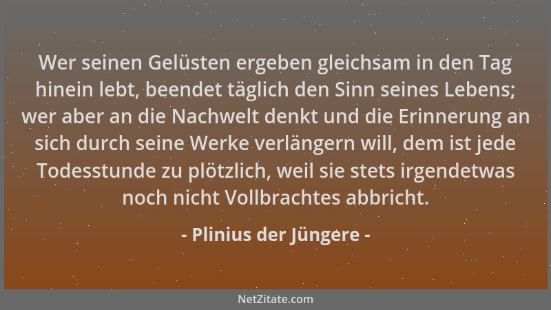 Plinius der Jüngere - Wer seinen Gelüsten ergeben gleichsam in den Tag hinein lebt, beendet täglich den Sinn seines Lebens;...