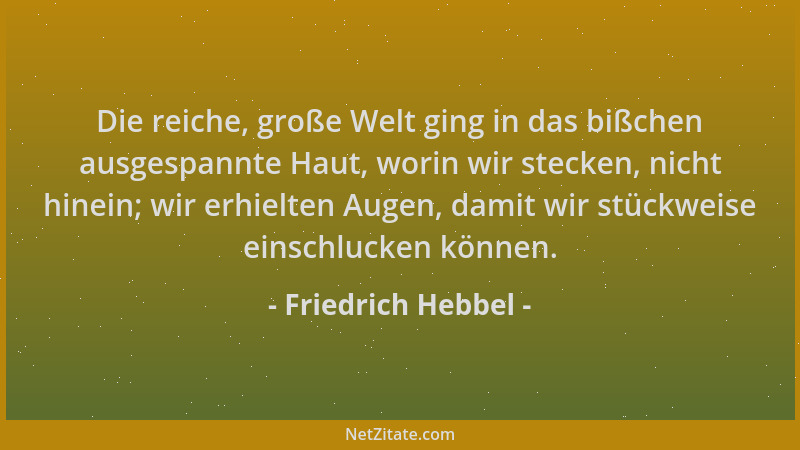Friedrich Hebbel - Die reiche, große Welt ging in das bißchen ausgespannte Haut, worin wir stecken, nicht hinein; wir erhie...