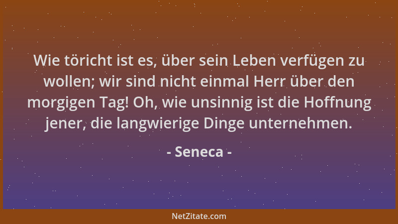 Seneca - Wie töricht ist es, über sein Leben verfügen zu wollen; wir sind nicht einmal Herr über den morgigen Tag! Oh, wie...
