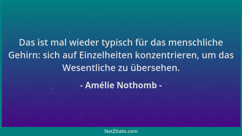 Amélie Nothomb - Das ist mal wieder typisch für das menschliche Gehirn: sich auf Einzelheiten konzentrieren, um das Wesentl...
