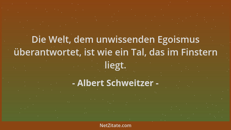 Albert Schweitzer - Die Welt, dem unwissenden Egoismus überantwortet, ist wie ein Tal, das im Finstern liegt....
