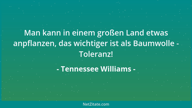 Tennessee Williams - Man kann in einem großen Land etwas anpflanzen, das wichtiger ist als Baumwolle - Toleranz!...