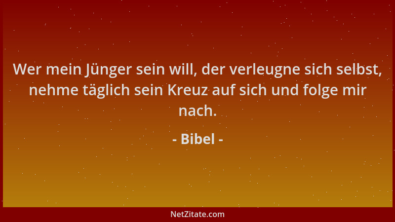 Bibel - Wer mein Jünger sein will, der verleugne sich selbst, nehme täglich sein Kreuz auf sich und folge mir nach....