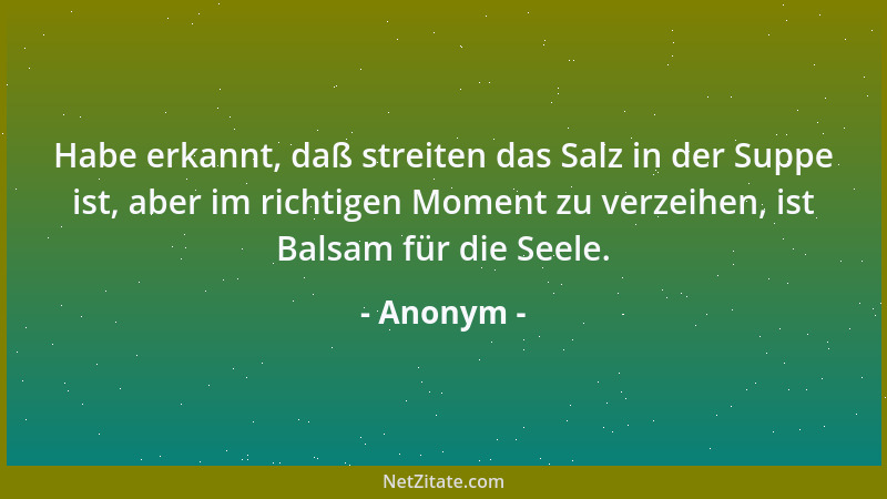 Anonym - Habe erkannt, daß streiten das Salz in der Suppe ist, aber im richtigen Moment zu verzeihen, ist Balsam für die Se...
