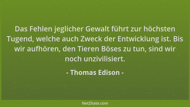 Thomas Edison - Das Fehlen jeglicher Gewalt führt zur höchsten Tugend, welche auch Zweck der Entwicklung ist. Bis wir aufhö...