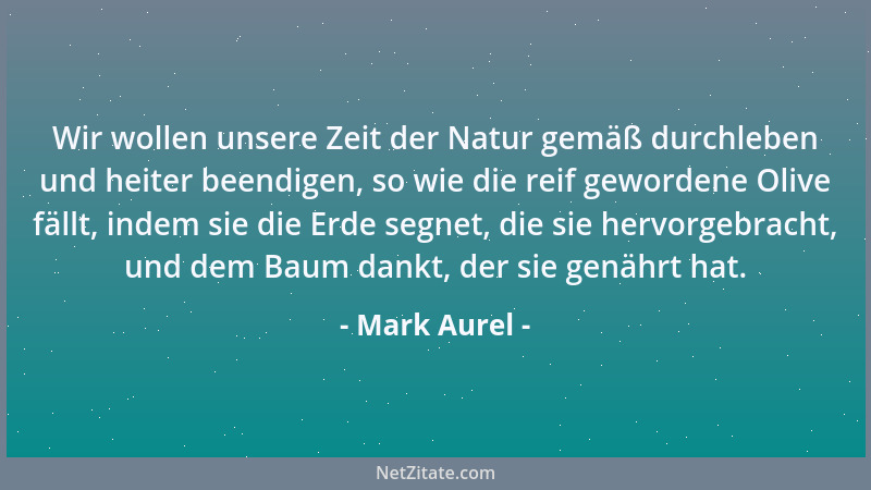 Mark Aurel - Wir wollen unsere Zeit der Natur gemäß durchleben und heiter beendigen, so wie die reif gewordene Olive fällt,...