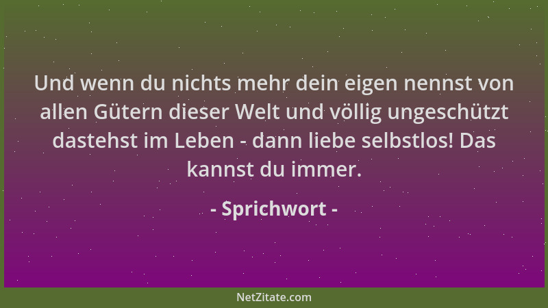 Sprichwort - Und wenn du nichts mehr dein eigen nennst von allen Gütern dieser Welt und völlig ungeschützt dastehst im Lebe...