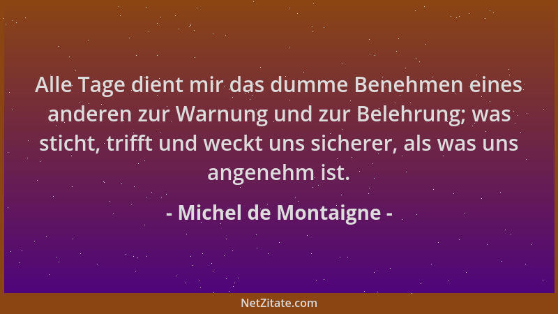 Michel de Montaigne - Alle Tage dient mir das dumme Benehmen eines anderen zur Warnung und zur Belehrung; was sticht, triff...