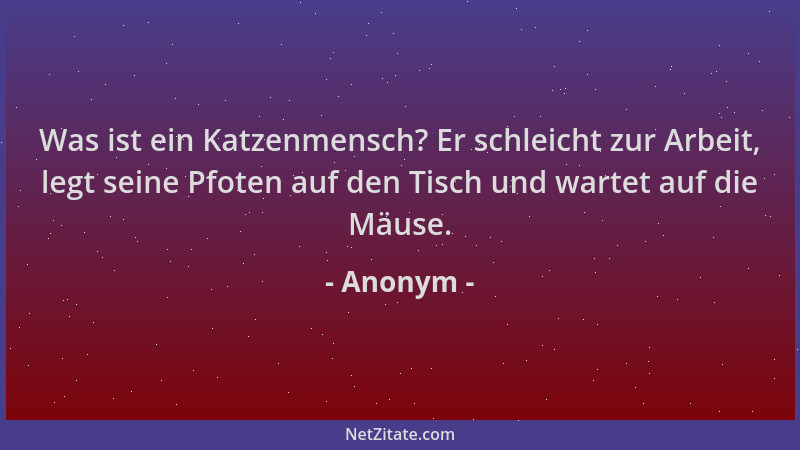 Anonym - Was ist ein Katzenmensch? Er schleicht zur Arbeit, legt seine Pfoten auf den Tisch und wartet auf die Mäuse....